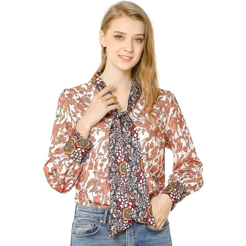 アレグラ ケー レディース トップス シャツ ヴィンテージ フラワー柄 コントラスト ブラウス フラワー ALLEGRA K Womens Bow Tie Long Sleeve Contrast Color Vintage Floral Blouse Ora