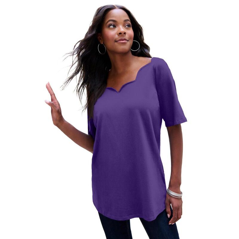 ロアマンズ レディース トップス Tシャツ プラスサイズ Roamans Womens Plusize Ultimate Scalloped Scoop Neck Tee Midnight Violet バイオレット