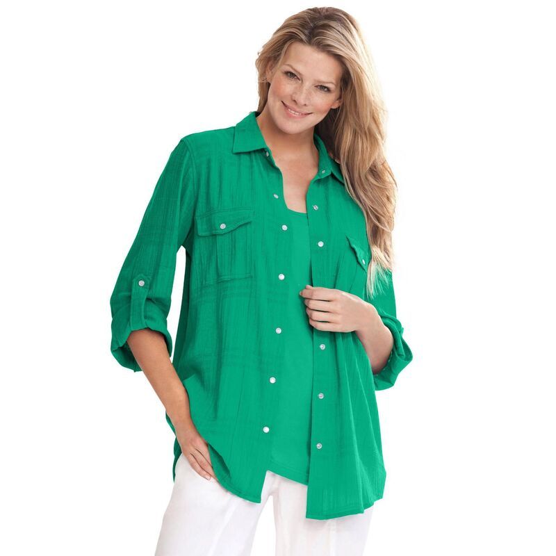 ウーマン ウィズイン レディース トップス シャツ プラスサイズ コットン Woman Within Plusize Cotton Gauze Bigshirtropical Emerald エメラルド