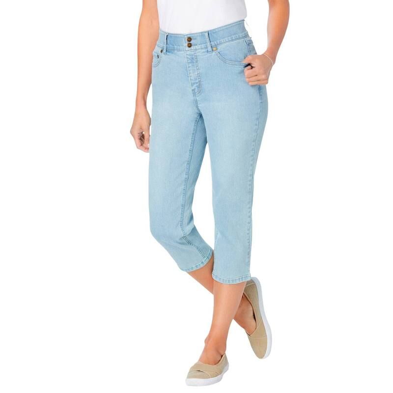 ウーマン ウィズイン レディース ボトムス カジュアルパンツ プラスサイズ デニム キャップ Woman Within Plusize Secret Solutions Tummy Smoothing Denim Jean Capri Light Wash S