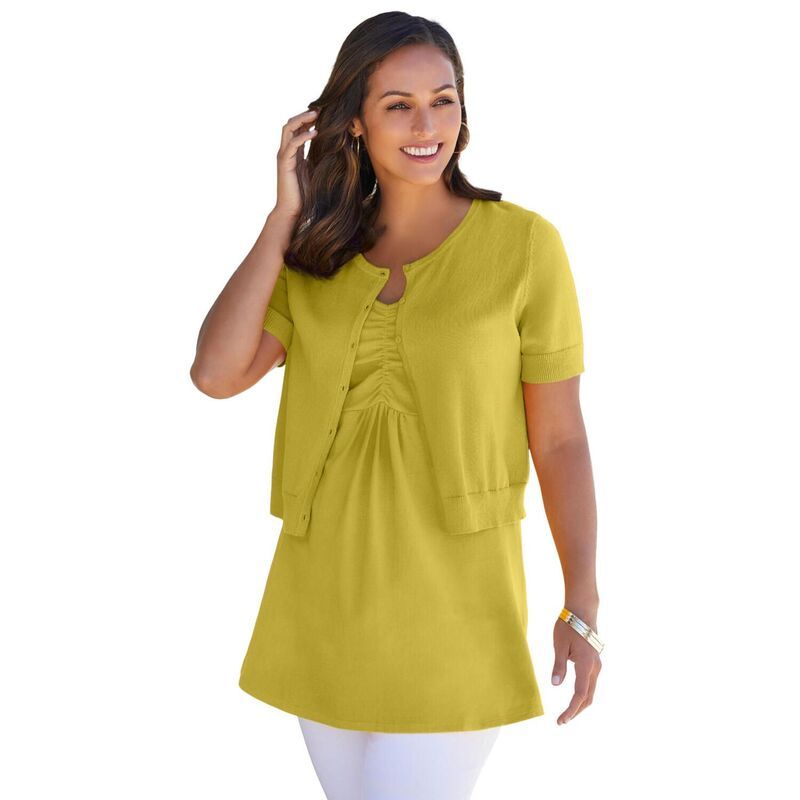 ジェシカロンドン レディース アウター ニット・セーター プラスサイズ Jessica London Womens Plusize JewelNeck Shrugolden Citrus
