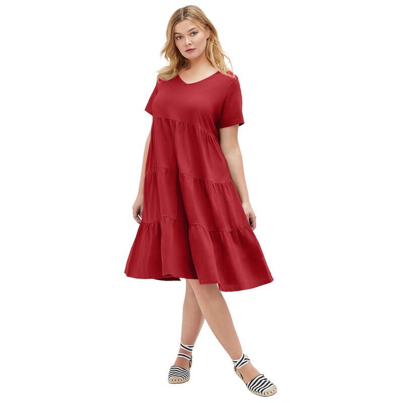 Ellos レディース トップス ワンピース Vネック ティアード A ライン プラスサイズ コットン Ellos Plusize Cotton Spandex VNeck Short Sleeve Tiered ALine Dress Chili Red レ