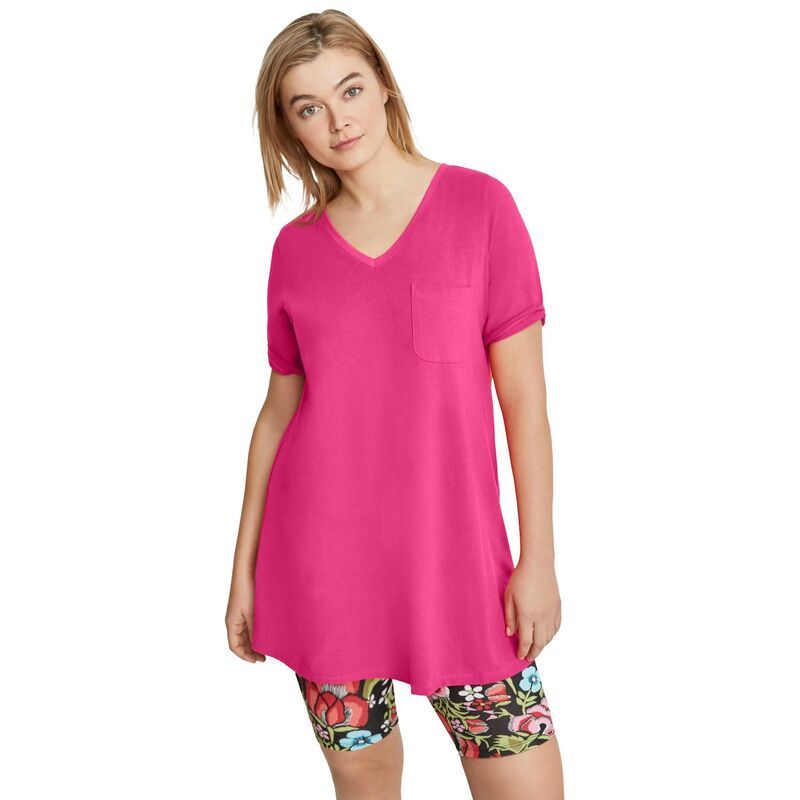 Ellos レディース トップス Tシャツ Vネック プラスサイズ ニット ellos Plusize Stretch Knit VNeck Short Sleeve Chest Pocketunic Raspberry Sorbet