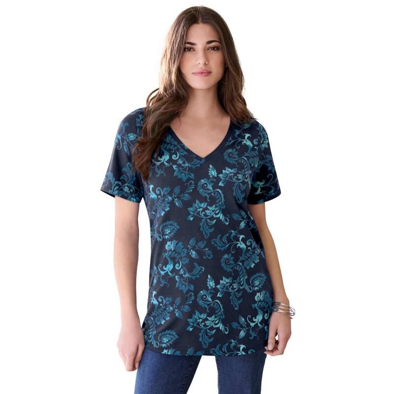 ロアマンズ レディース トップス Tシャツ Vネック プラスサイズ コットン Roamans Womens Plusize Cotton Ultimate VNeck Tee Navy Jacobean Floral ネイビー