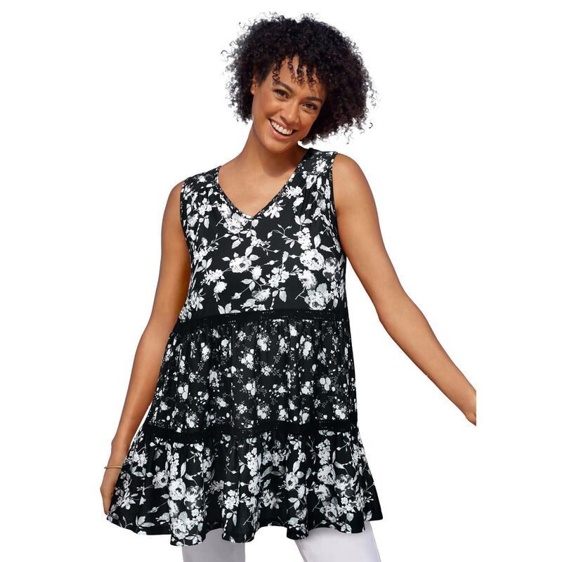 ウーマン ウィズイン レディース トップス Tシャツ ティアード プラスサイズ Woman Within Plusize Tiered Tank Black Rose Floral ブラック