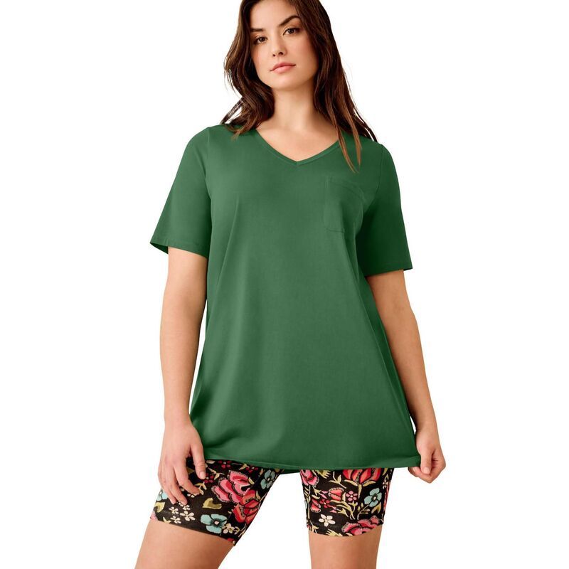 Ellos レディース トップス Tシャツ Vネック プラスサイズ ニット ellos Plusize Stretch Knit VNeck Short Sleeve Chest Pocketunic Forest Jade フォレスト