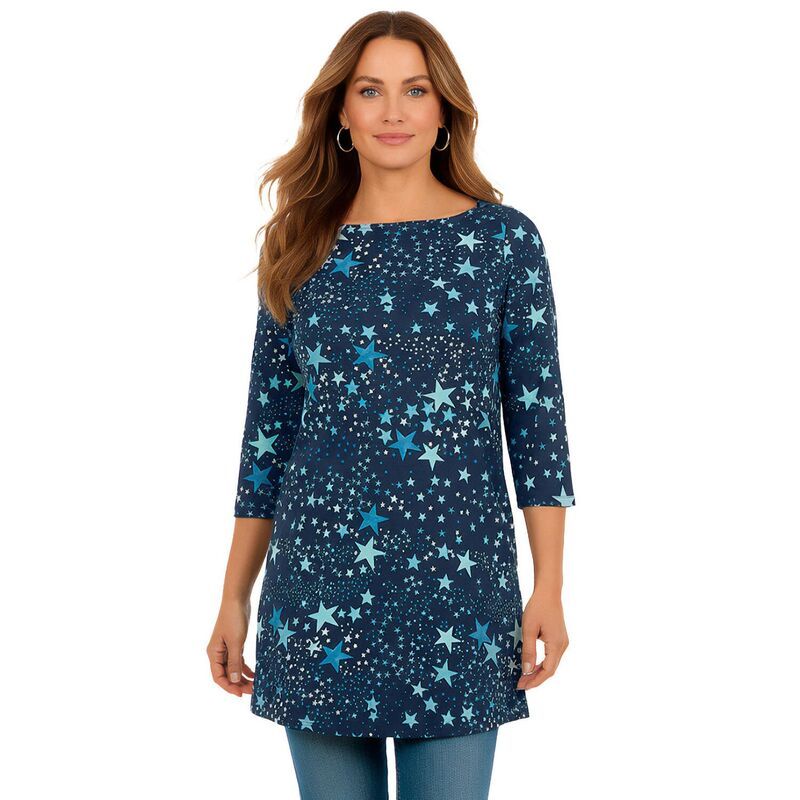 ロアマンズ レディース トップス Tシャツ プラスサイズ コットン Roamans Womens Plusize Cotton Ultimate Boatneck Tunic With Side Slits Navy Stars ネイビー