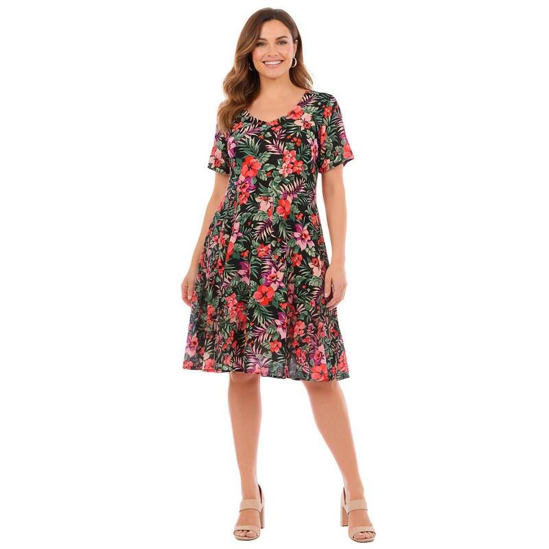 ウーマン ウィズイン レディース トップス ワンピース プラスサイズ Woman Within Plusize Short Crinkle Dress Black Coral Paradise ブラック