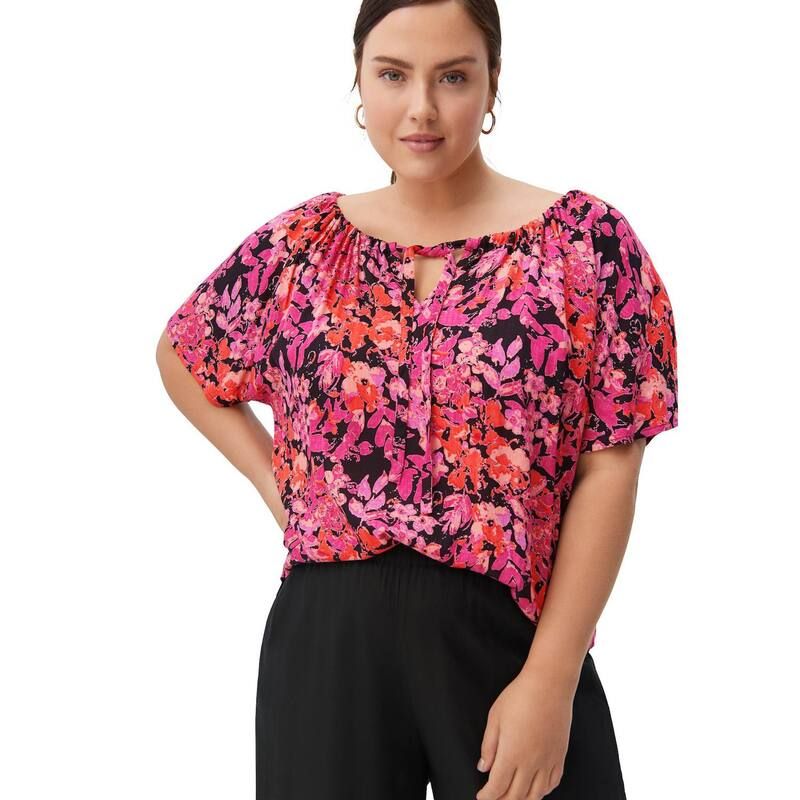 Ellos レディース トップス シャツ プラスサイズ ブラウス ellos Plusize Keyhole Peasant Blouse Black Pink Print ブラック