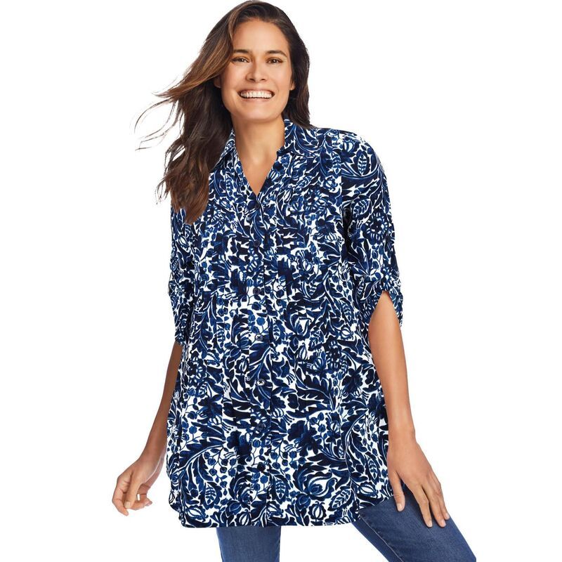 ウーマン ウィズイン レディース トップス Tシャツ プラスサイズ ブラウス Woman Within Plusize Rayon 7Day Pintucked Tunic Blouse White Blue Batik ホワイト 9,571円