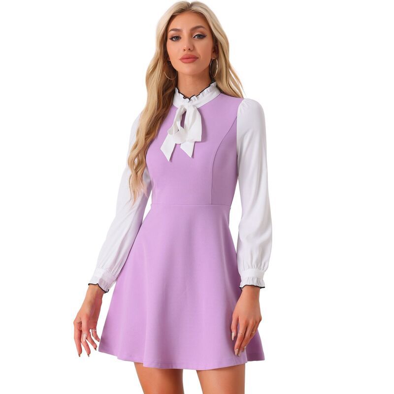 アレグラ ケー レディース トップス ワンピース フリル コントラスト ALLEGRA K Womens Elegant Contrast Ruffle Stand Collar Bow Tie Office Dress Light Purple パープル