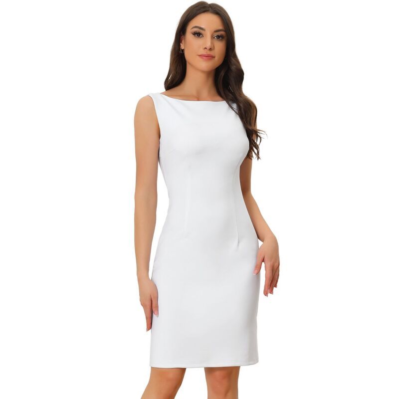 アレグラ ケー レディース トップス ワンピース ノースリーブ ALLEGRA K Womensleeveless Boat Neck Casual Office Businessheath Dress White ホワイト