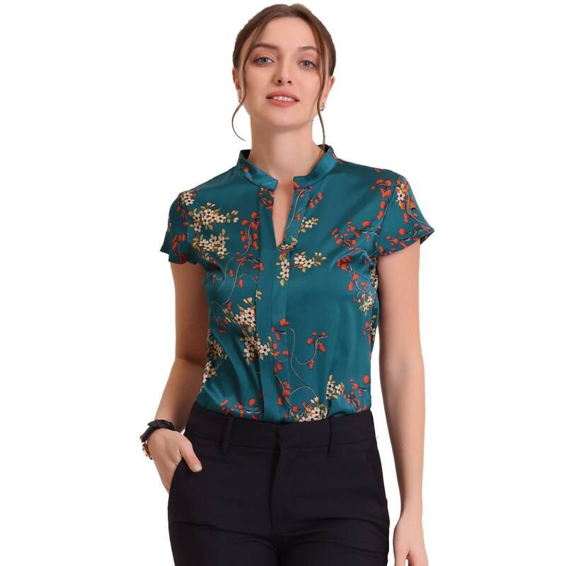 アレグラ ケー レディース トップス シャツ フラワー柄 サテン シルク ブラウス フラワー ALLEGRA K Satin Blouse for Womenstand Collar Floral Silky Work Blouse Top Navy Blue 8,506円