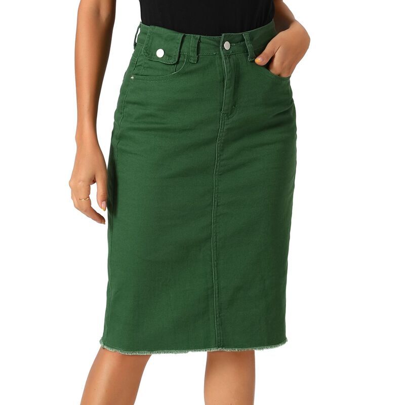 アレグラ ケー レディース ボトムスカート ハイウエスト ミディ デニム ALLEGRA K Womens High Waist Solid Jean Skirt Back Vent Midi Length Denim Skirts Green グリーン