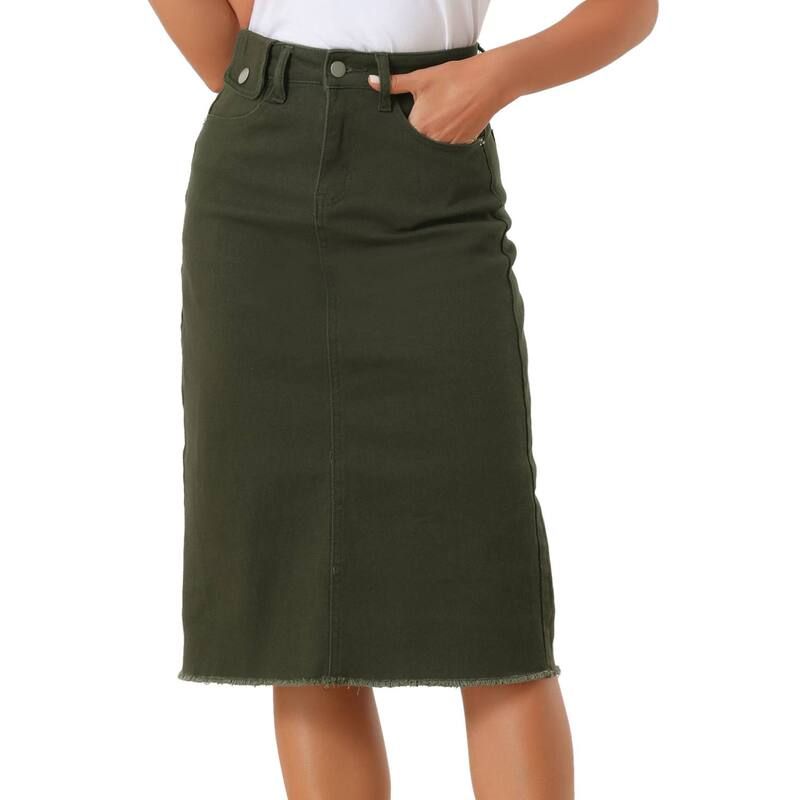 アレグラ ケー レディース ボトムスカート ハイウエスト ミディ デニム ALLEGRA K Womens High Waist Solid Jean Skirt Back Vent Midi Length Denim Skirts Army Green グリ