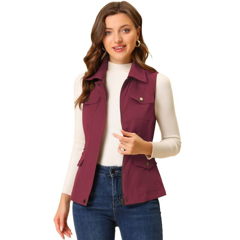 アレグラ ケー レディース トップス Tシャツ ベスト ノースリーブ ジャケット ALLEGRA K Womens Zip Up Jacket with Pocketsleeveless Anorak Utility Vest Deep Red レッド