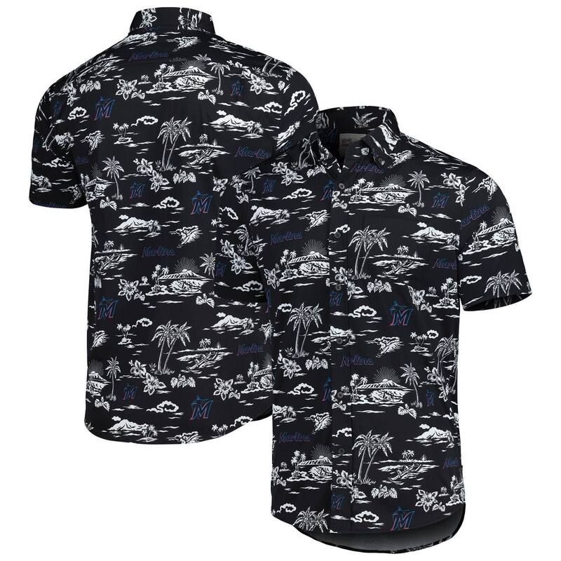 レインスプーナー レディース トップス Tシャツ Mens Reyn Spooner Black Miami Marlins Kekai Performance ButtonUp Shirt Mrl Black ブラック