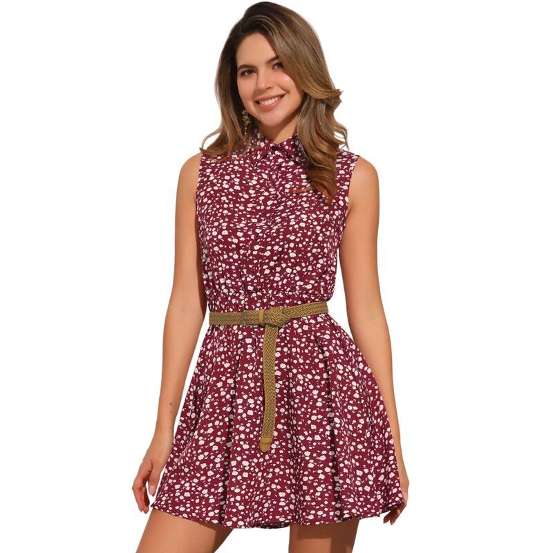 アレグラ ケー レディース トップス ワンピース プリント ノースリーブ ALLEGRA K Womens Printed Half Placket Sleeveless Beltedress Red レッド