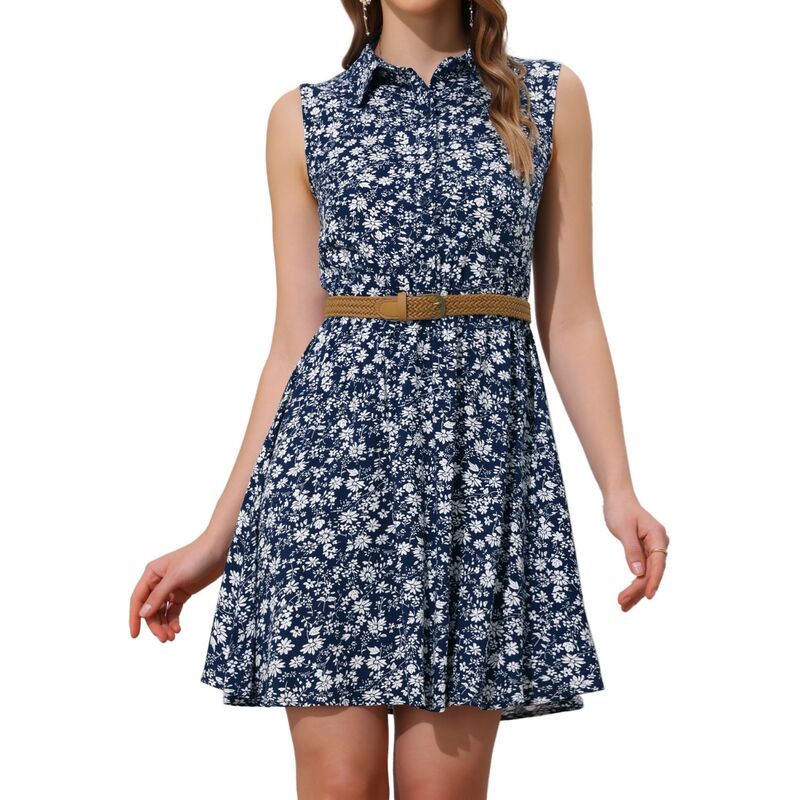 アレグラ ケー レディース トップス ワンピース プリント ノースリーブ ALLEGRA K Womens Printed Half Placket Sleeveless Beltedress Blue ブルー