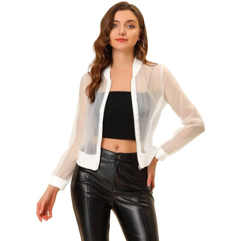 アレグラ ケー レディース アウター ジャケット・ブルゾン ALLEGRA K Womens Long Sleeves Zip Up See Through Lightweight Bomber Jacket White ホワイト