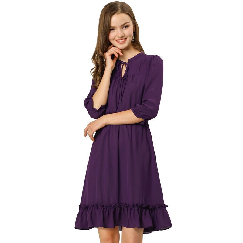 アレグラ ケー レディース トップス ワンピース フリル裾 A ライン フリル シャーリング ALLEGRA K Womens Ruffle Hem 34 Sleeve Smocked aLine Dress Purple パープル