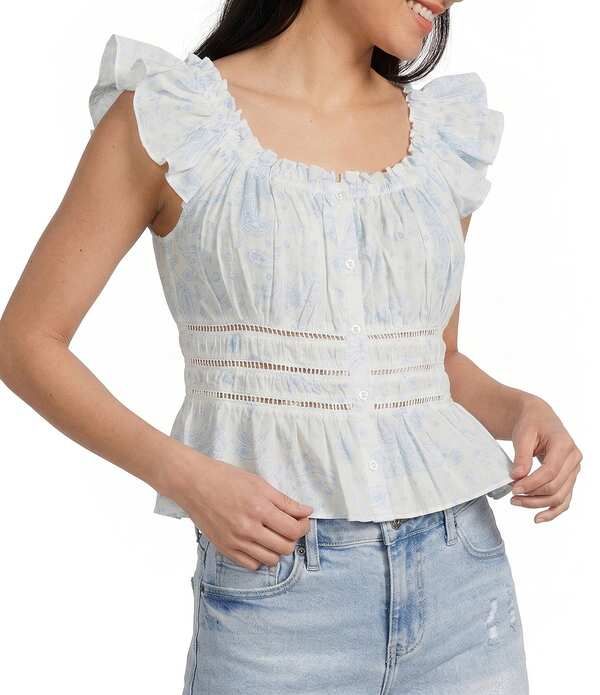 フラッグ アンド アンセム レディース トップス シャツ プリント Flag and Anthem Elena Short Flutter Sleeve Light Printed Top Light Blue Combo ブルー
