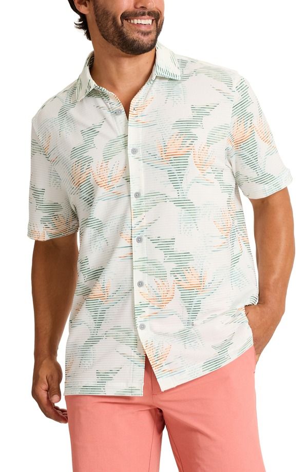 トッミーバハマ メンズ トップス シャツ Tommy Bahama Costa Wave Festa Frondseersucker Stripe IslandZone Short Sleeve ButtonUp Shirt White ホワイト