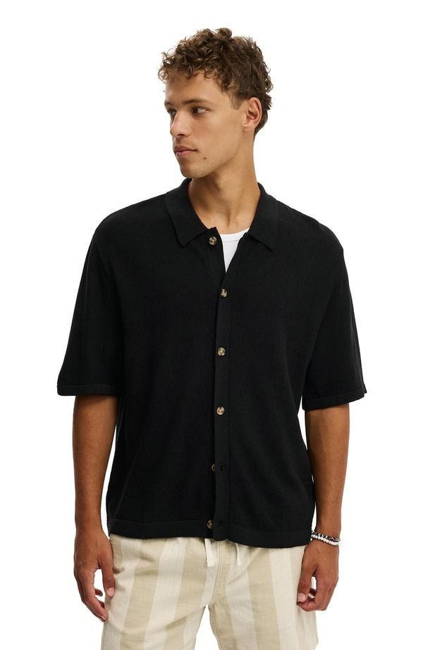コットンオン メンズ トップス シャツ ニット Cotton Mens Box Fit Knit Shirt Washed Black ブラック