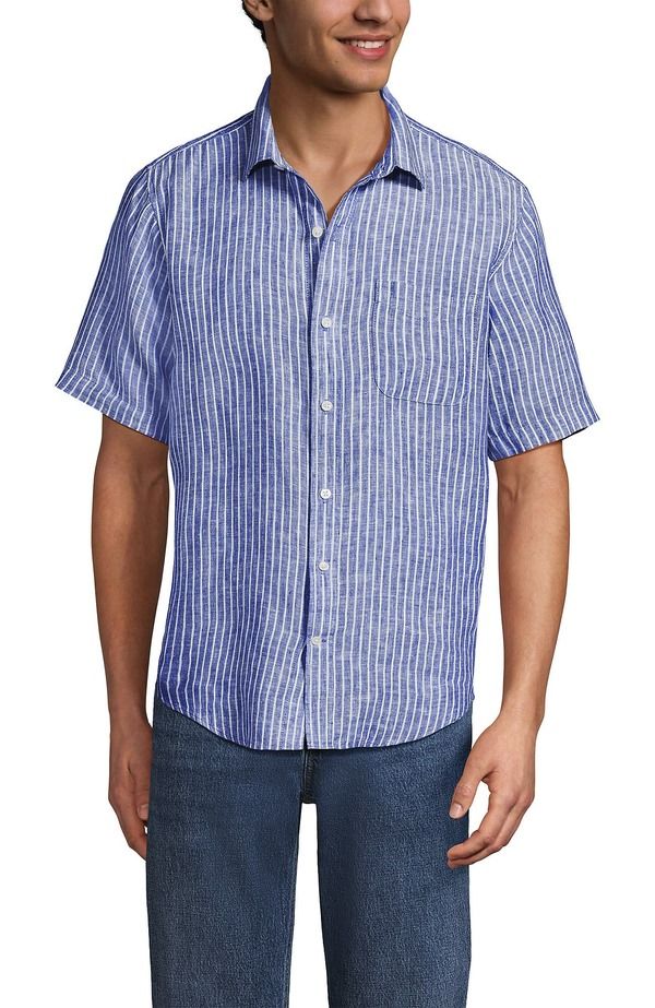 ランズエンド メンズ トップス シャツ リネン Lands End Traditional Fit Short Sleeve Linen Shirt Pale Sapphire Stripe サファイア