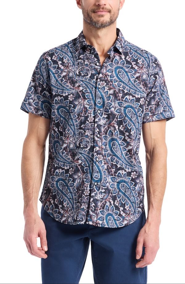 ロバートグラハム メンズ トップス シャツ クレープ フラワー柄 コットン フラワー Robert Graham Barrington Floral Paisley Short Sleeve Cotton Crepe ButtonUp Shirt Blue M