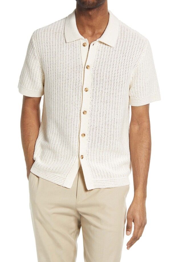 ヴィンス メンズ アウター ニット・セーター シャツ コットン Vince Crochet Cotton Short Sleeve ButtonUp Shirt Bone