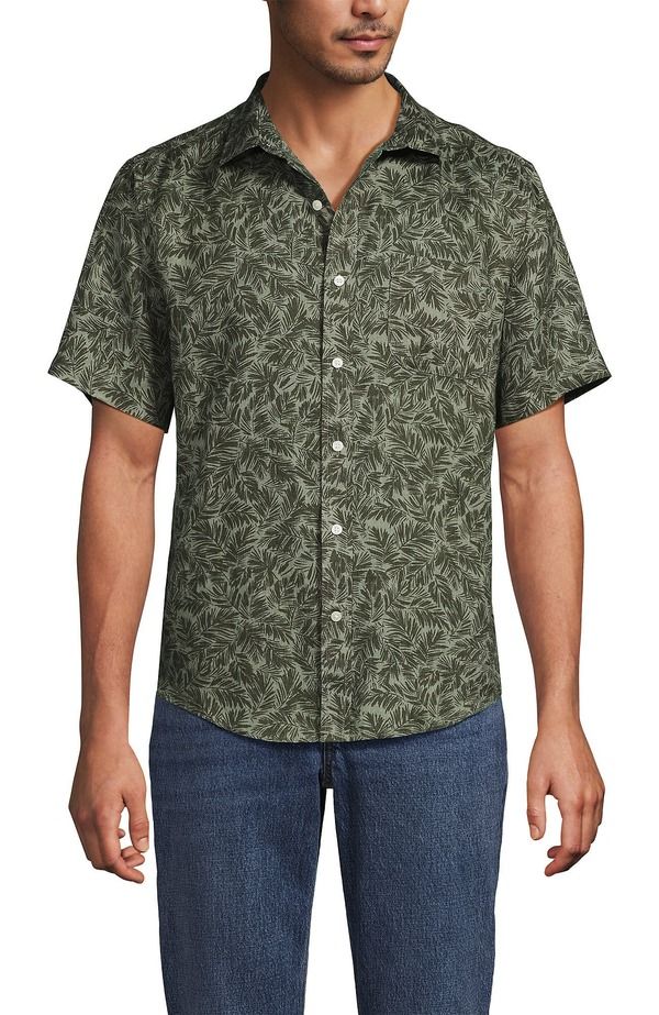 ランズエンド メンズ トップス シャツ リネン Lands End Traditional Fit Short Sleeve Linen Shirt Forest Moss Palms フォレスト