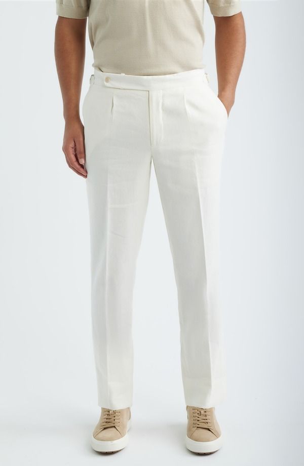 ジャックビクター メンズ ボトムス カジュアルパンツ プリーツ コットン リネン Jack Victor Parma Pleated Linen Cotton Stretch Twill Dress Pants Ecru エクリュ