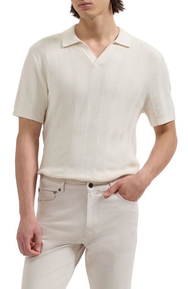 ブガッチ メンズ アウター ニット・セーター コットン Bugatchi Johnny Collar Basket Stitch Cotton Blend Short Sleeve Sweater Ivory アイボリー