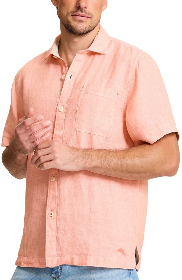 トッミーバハマ メンズ トップス シャツ リネン Tommy Bahama Paradise Breezer Short Sleeve Linen ButtonUp Shirt Peach Parrot ピーチ