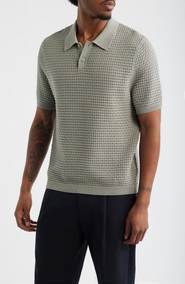 オープンエディット メンズ アウター パーカー・スウェット ポロシャツ ニット Open Editexture Knit Polo Top Green Chaparral グリーン