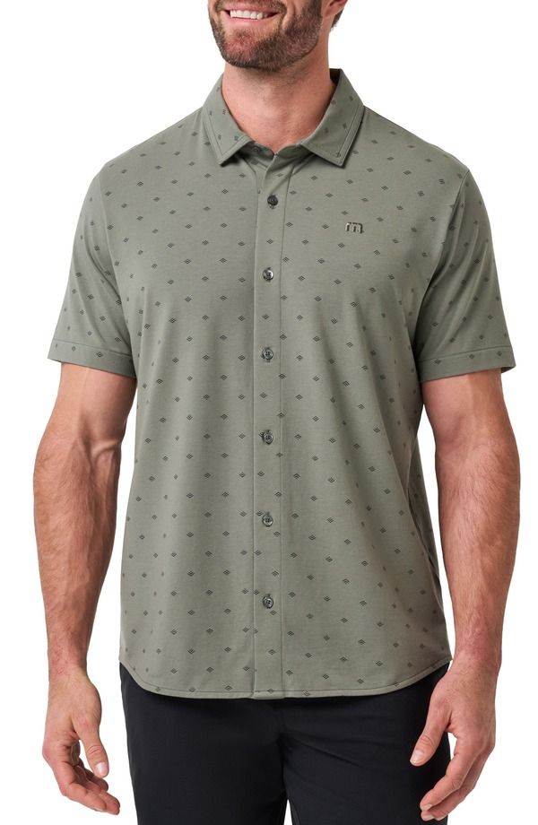 トラビスマヒュー メンズ トップス シャツ ニット TravisMathew Comfortknit Geo Short Sleeve ButtonUp Shirt Dark Olive オリーブ