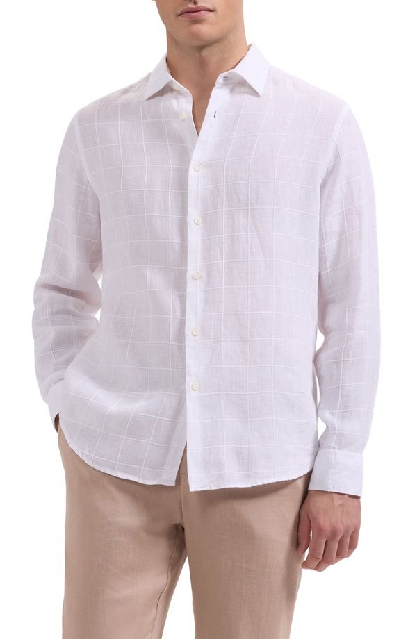 ブガッチ メンズ トップス シャツ リネン Bugatchi Julian Windowpane Linen Blend ButtonUp Shirt White ホワイト