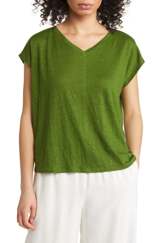 エイリーンフィッシャー レディース トップス Tシャツ Vネック リネン Eileen Fisher VNeck Organic Linen TShirt Field