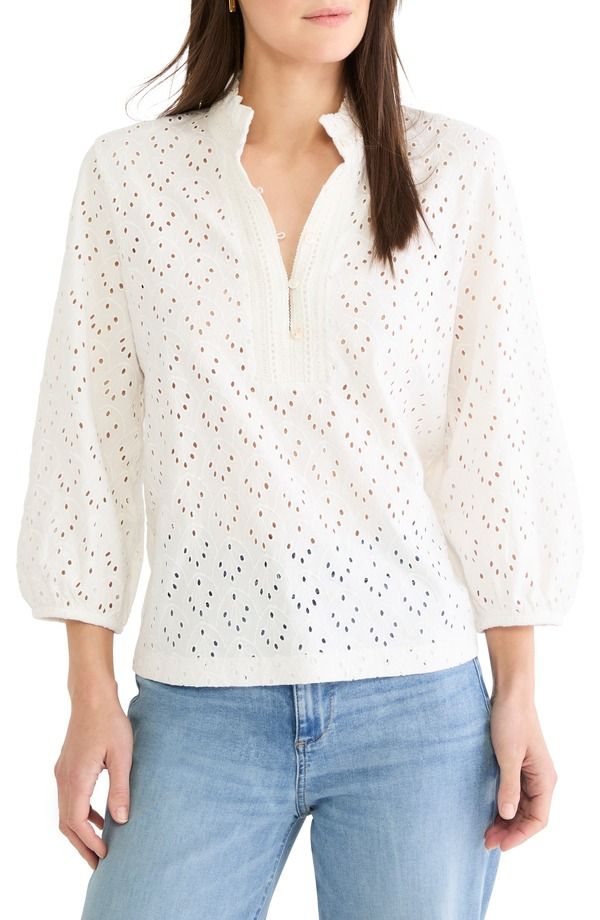 ニックプラスゾーイ レディース トップス シャツ フリル NICZOE Ruffle Neck Eyeletopaper White ホワイト