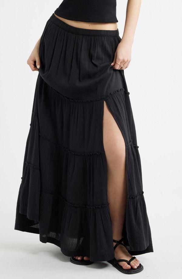 ビーピー レディース ボトムスカート ティアード リネン マキシ BP Tiered Linen Blend Crinkled Gauze Maxi Skirt Black ブラック