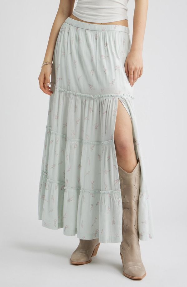 ビーピー レディース ボトムスカート ティアード リネン マキシ BP Tiered Linen Blend Crinkled Gauze Maxi Skirt Green Cherie Blossom グリーン