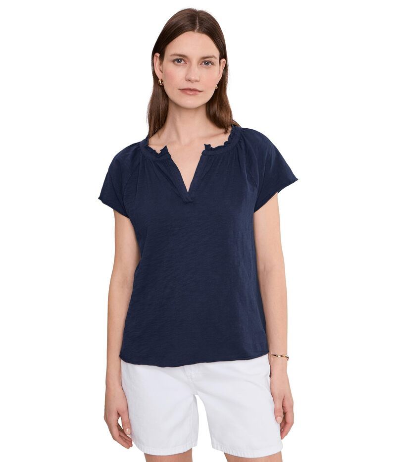 モッドドック レディース トップス シャツ フリル Mododoc Short Sleeve Ruffle Henley Swing Top Vibrant Navy ネイビー