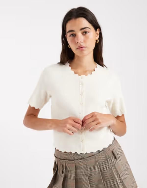 ブレーブソウル レディース アウター カーディガン Brave Soul scallopedge short sleeve cardigan IVORY アイボリー