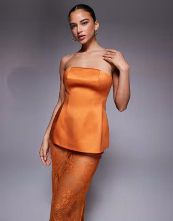 エイソス レディース トップス シャツ サテン ASOS DESIGN Premium structured satin peplum hem bandeau top in orange オレンジ