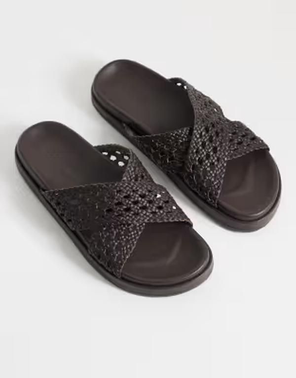 ノーバディーズ チャイルド レディース シューズ サンダル レザー Nobodys Child realeather woven crosstrap slides in chocolate BROWN ブラウン
