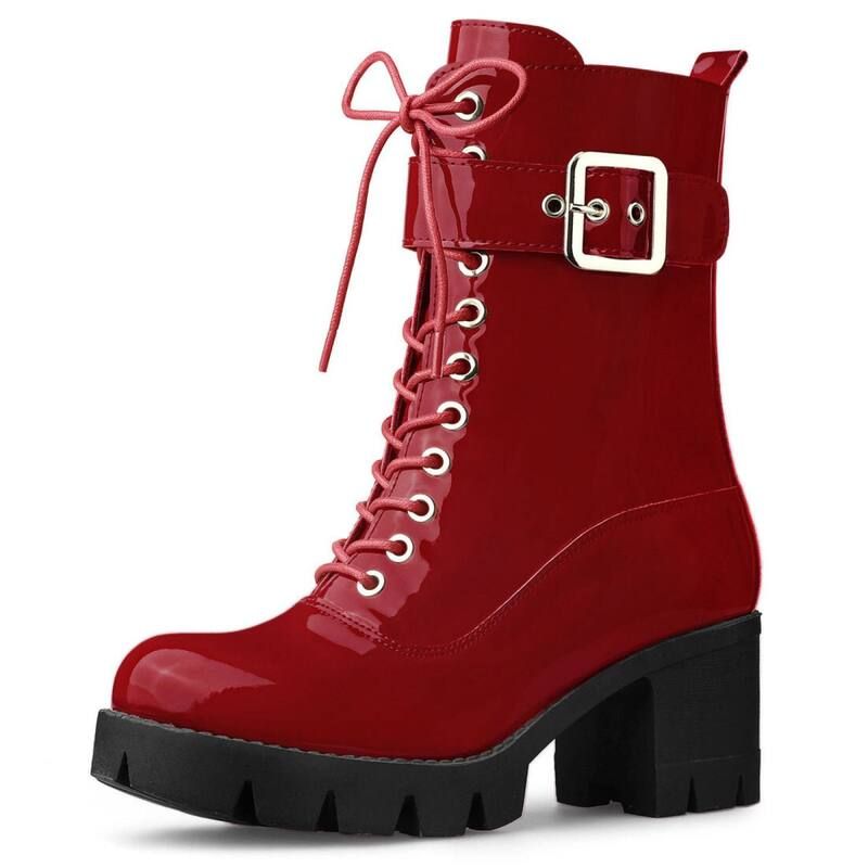 アレグラ ケー レディース シューズ ブーツ・レインブーツ プラットフォーム ヒール ALLEGRA K Womens Ziplatform Chunky Heel Combat Boots Red レッド