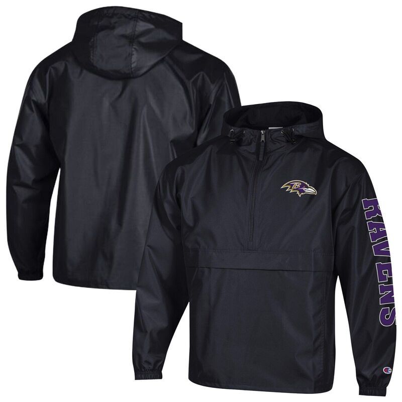 チャンピオン レディース トップス Tシャツ ジャケット Mens Champion Black Baltimore Ravens Packable Hooded Windbreaker HalfZip Jacket Rav Black ブラック