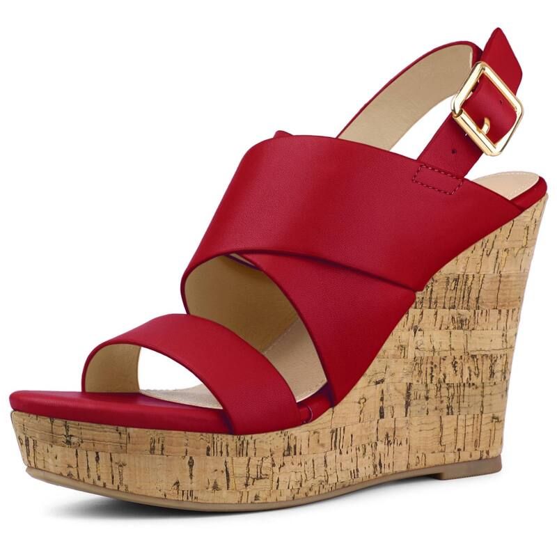アレグラ ケー レディース シューズ サンダル プラットフォーム ALLEGRA K Womens Wood Strappy Platform Wedge Sandals Red レッド