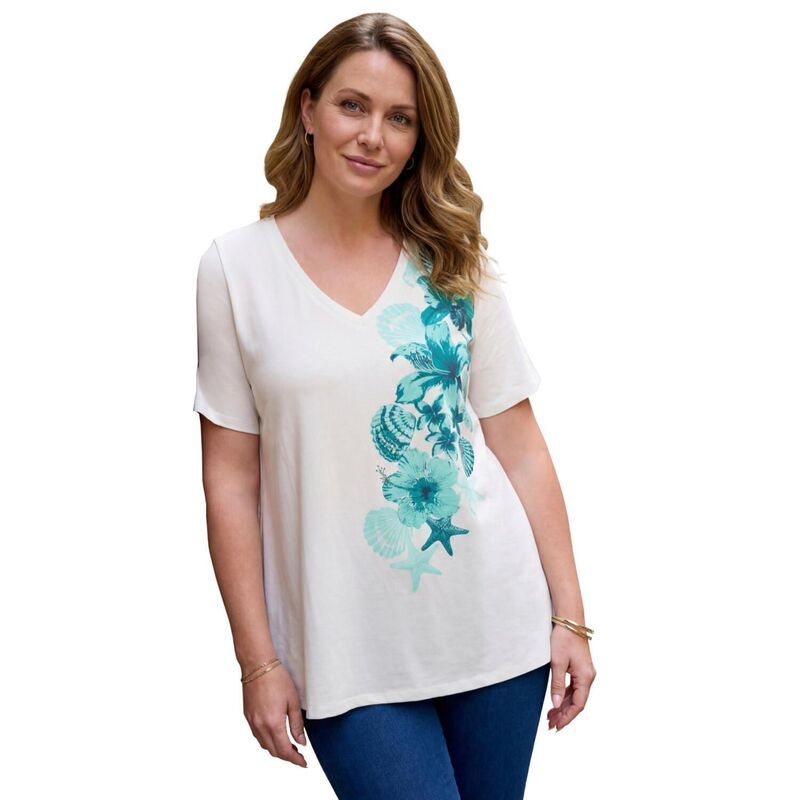 ロアマンズ レディース トップス Tシャツ プラスサイズ Roamans Womens Plusize Ultimate Short Sleeve Swing Tee Teal Tropical Floral ティール